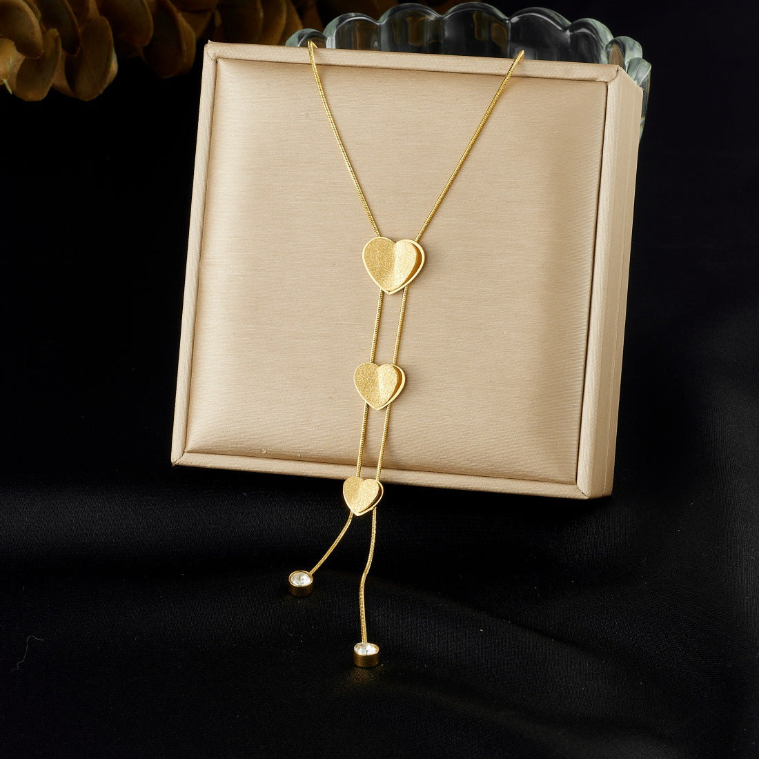 Gold Plated Matte Stainless Steel Heart Tassel Necklace for Women