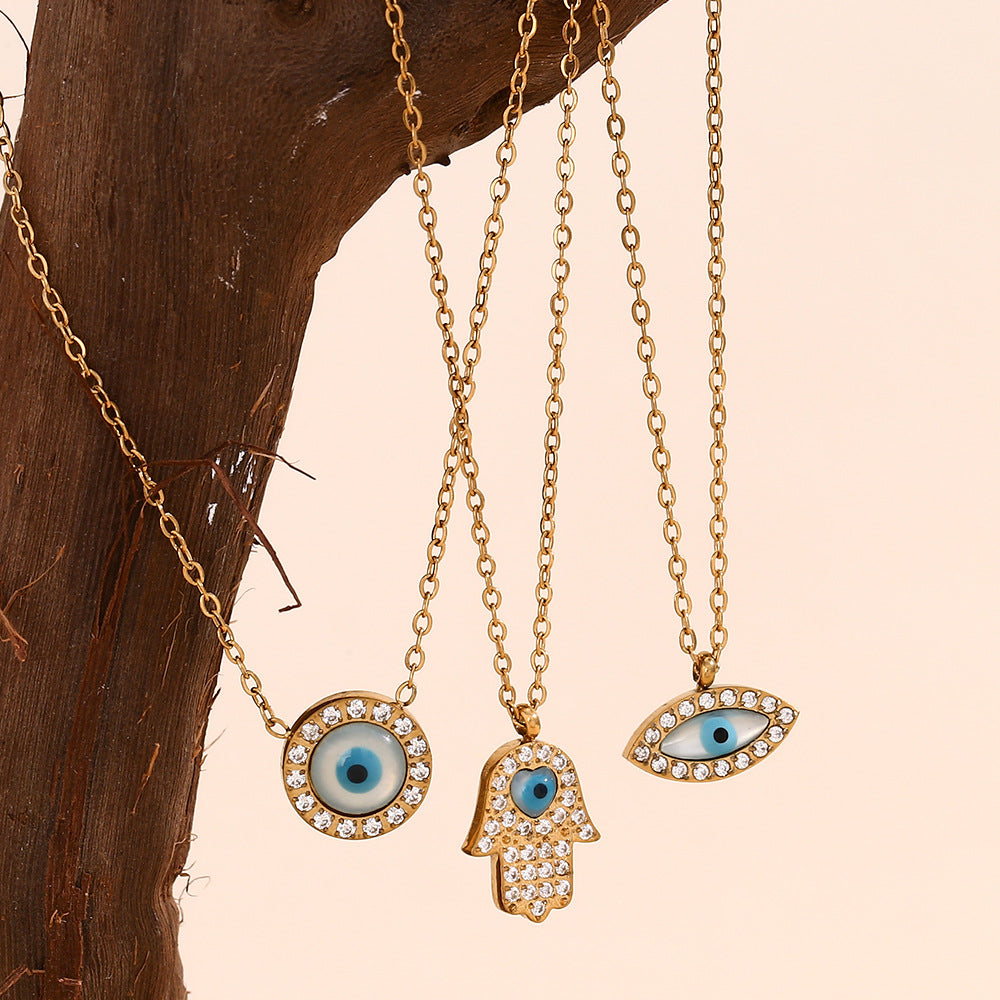 Vintage Evil Eye Pendant Necklace for Women Stainless Steel with 18K Gold Plating Oval and Round Geometric Design