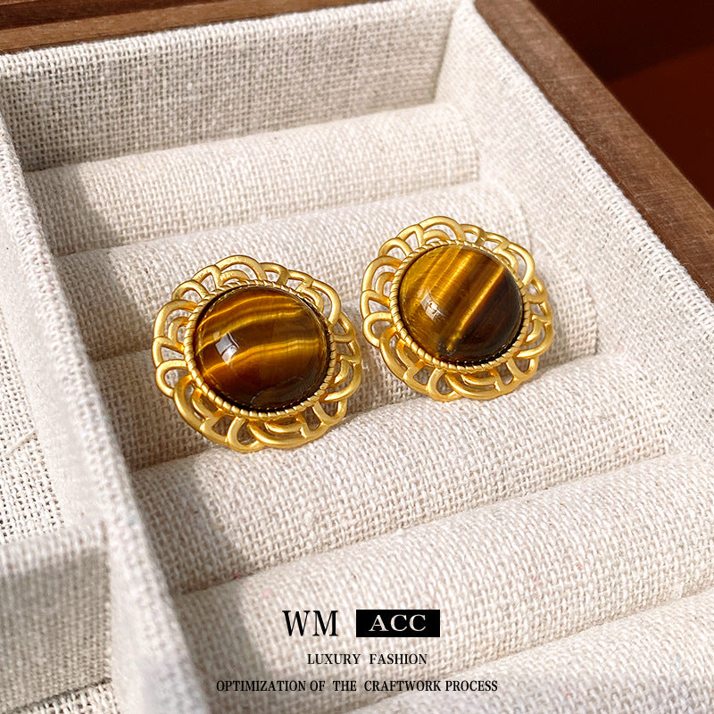Minimalist Geometric Tiger Eye Stud Earrings in Alloy with Gold Plating for Women