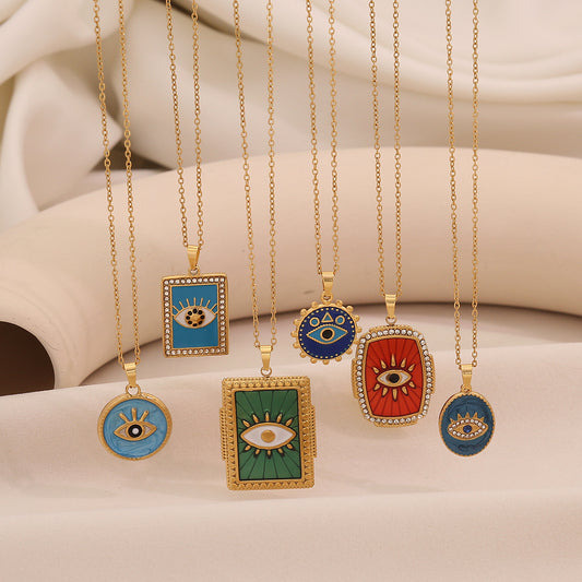 Collana con Ciondolo Occhio Geometrico da Donna con Finitura Smaltata in Acciaio Inossidabile e Acciaio al Titanio su Catena a O