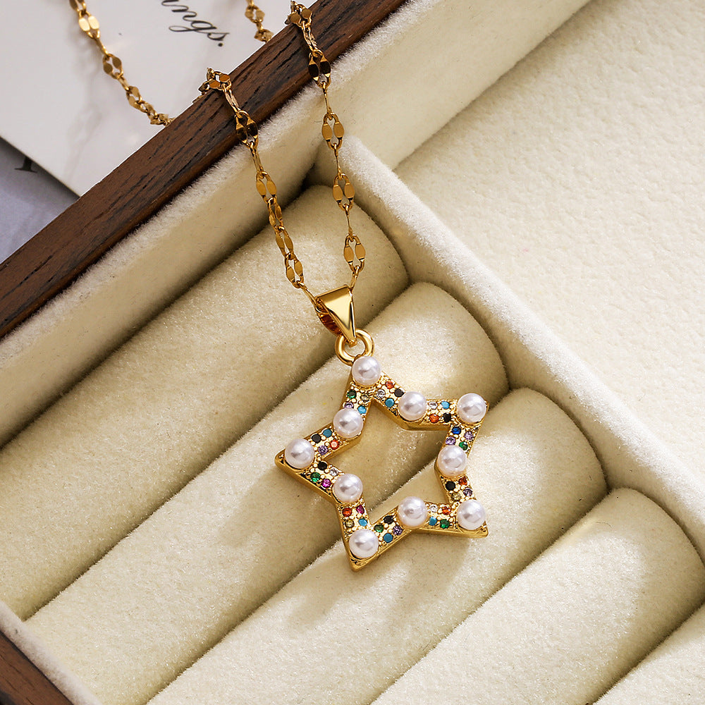 Minimalist Geometric Five-Pointed Star Pendant Necklace for Women with Zircon and Pearl Accents on Copper Chain
