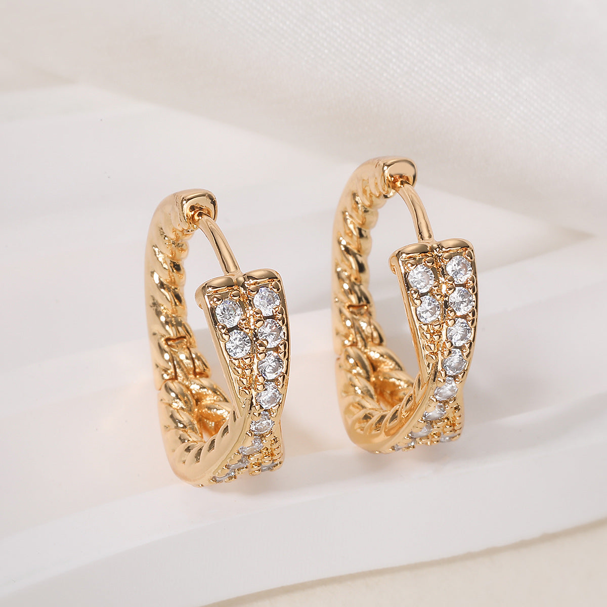 Vintage 18K Gold Plated Brass Geometric Cubic Zirconia Hoop Earrings for Women