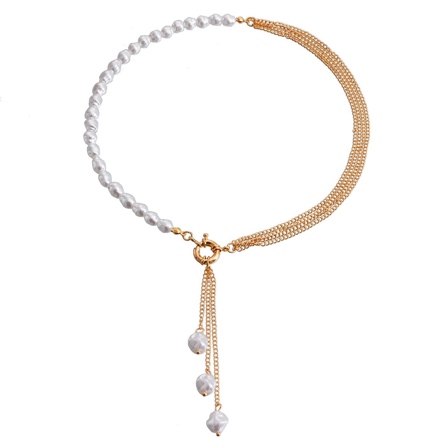 Asymmetrical Geometric Pendant Necklace with Pearl-Effect Tassels and Plated Alloy Chain for Women