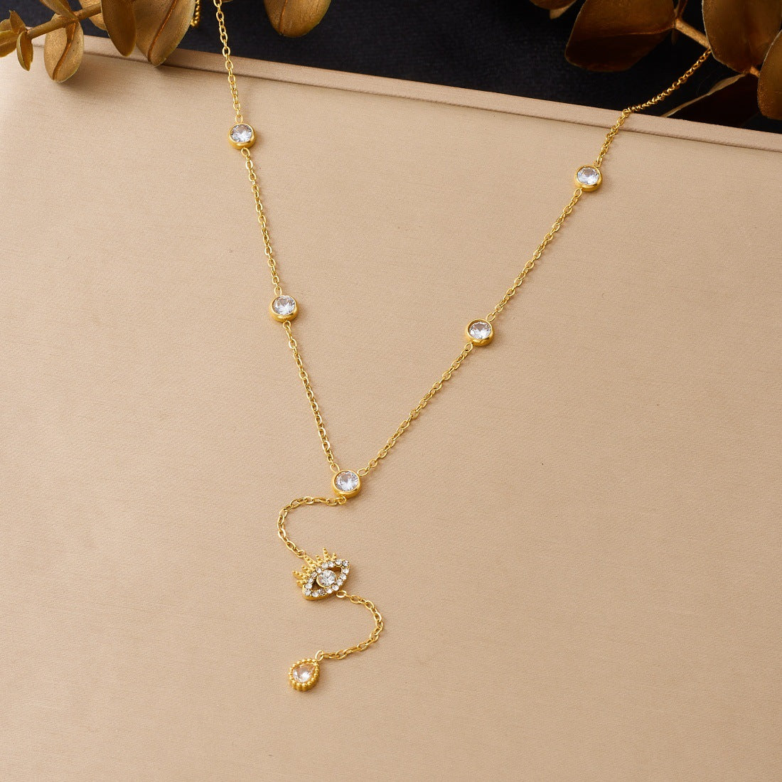 Sweet Gold Plated Stainless Steel Star Moon Heart Rhinestone Pendant Necklace with Tassel for Women
