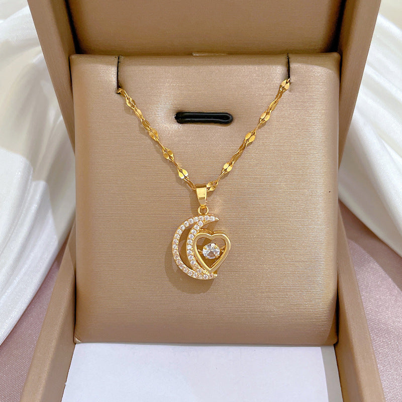 Collar de lujo para mujer con corazón de luna y circonitas incrustadas de acero de titanio