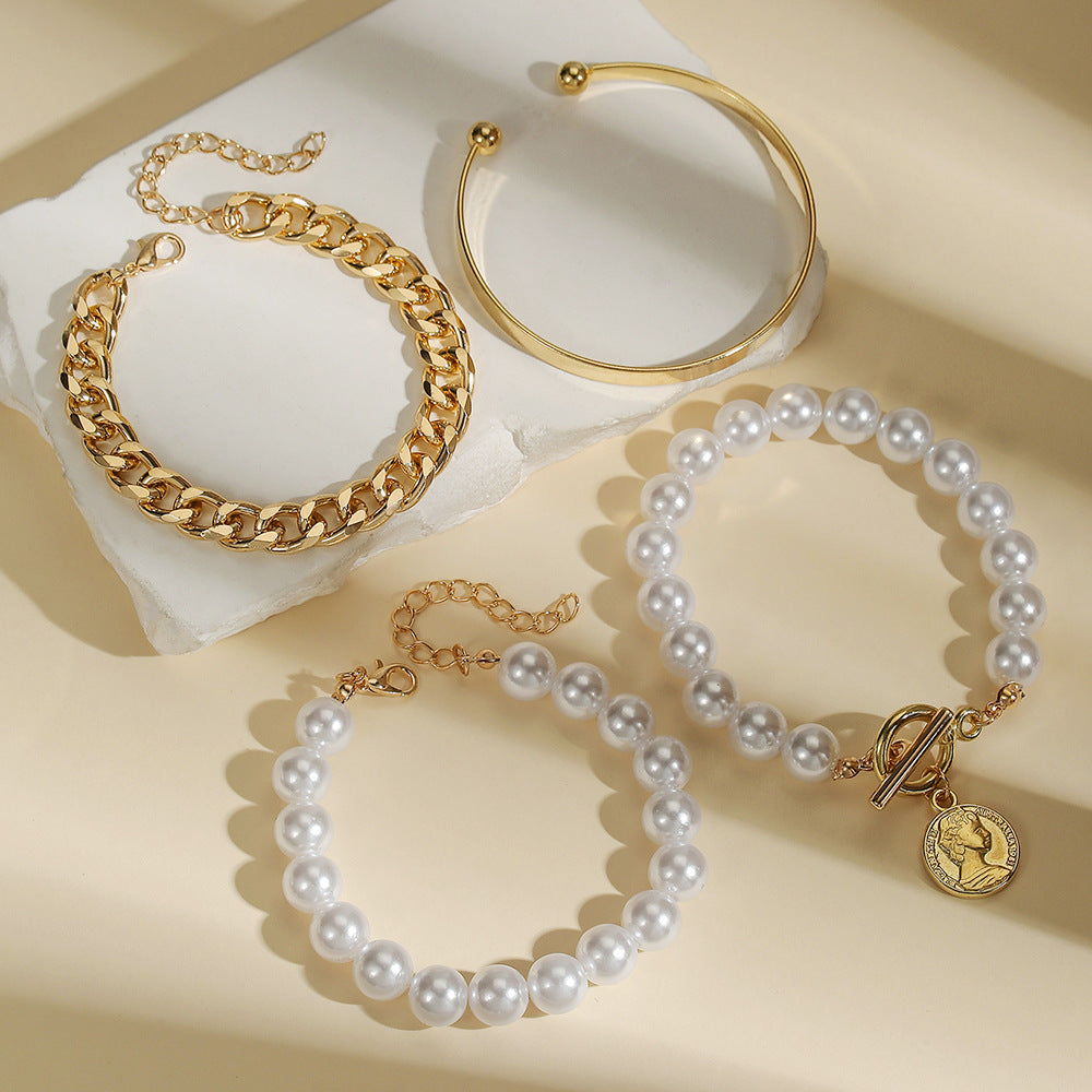 Sweet Streetwear Alloy Plated Letter Cuban Link Chain Bracelet with Imitation Pearl for Women