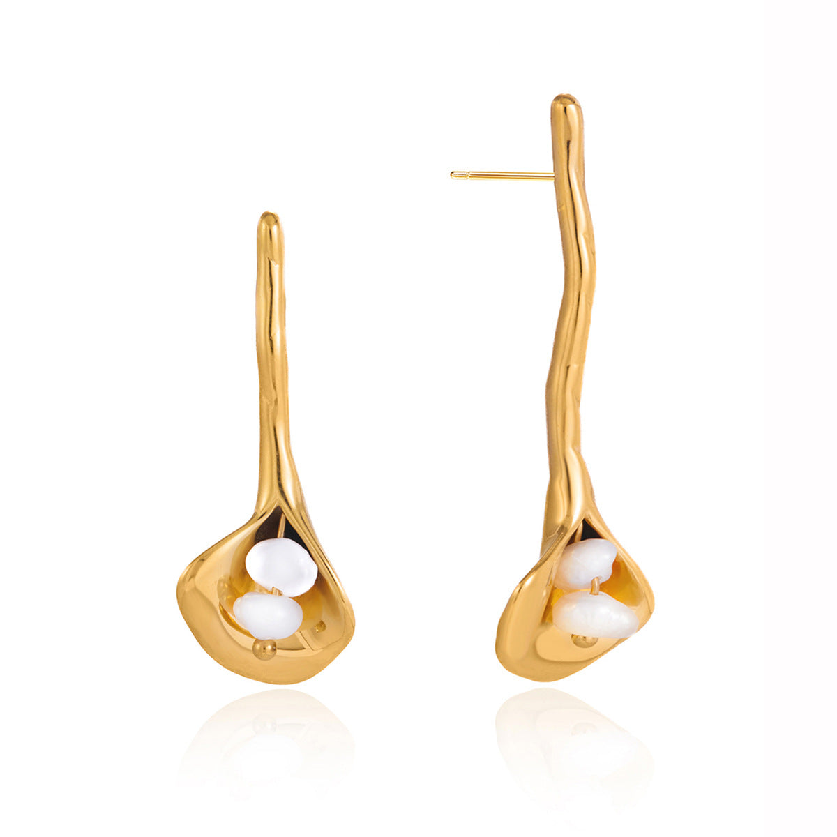 Elegant Stainless Steel Plated Calla Lily Flower Pearl Stud Earrings for Women