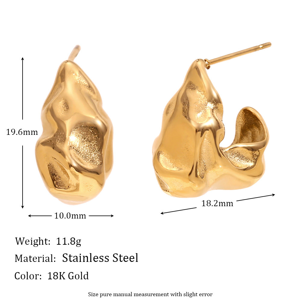 Vintage-Inspired Geometric Stainless Steel Ear Studs with 18K Gold Plating and Hammered Texture