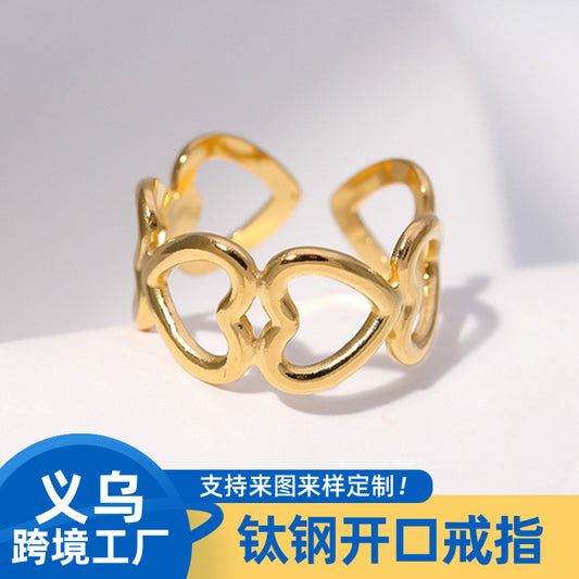 Sweet Minimalist Heart-Shaped Titanium Steel Adjustable Open Ring for Women with Plating Finish