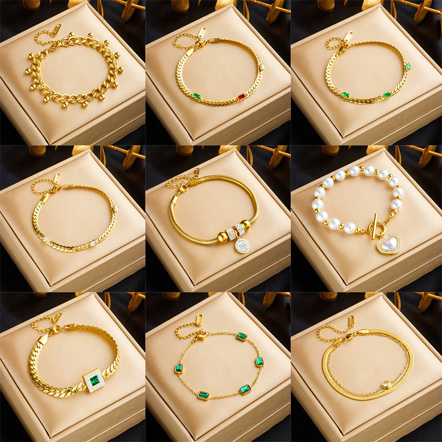 Minimalist Titanium Steel Bracelet with Rhinestone Inlay and Pearl Accents for Women