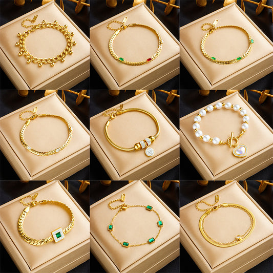 Minimalist Titanium Steel Bracelet with Rhinestone Inlay and Pearl Accents for Women
