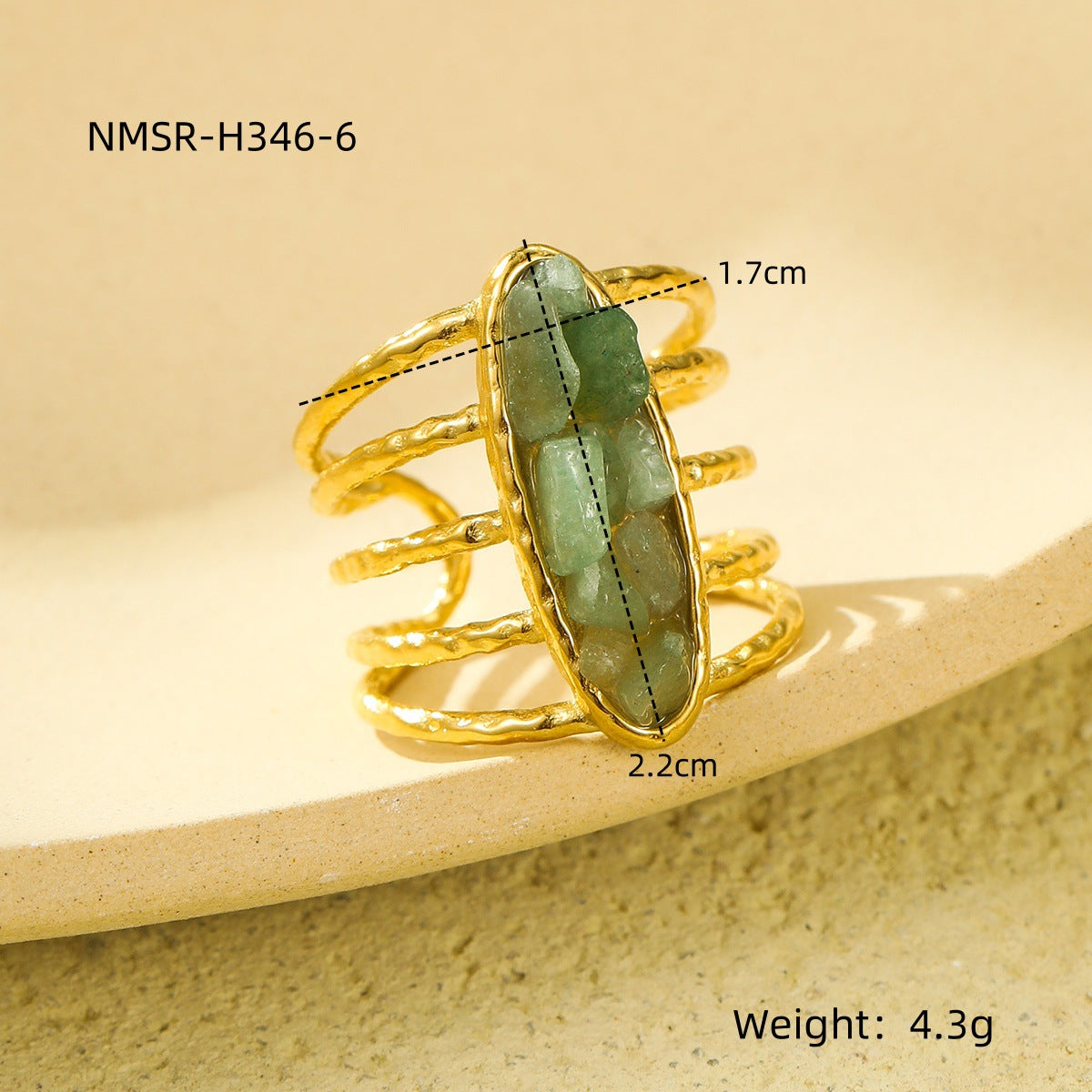 Anello Aperto Minimalista Geometrico in Acciaio al Titanio Placcato Oro 18K con Intarsio in Pietra Naturale