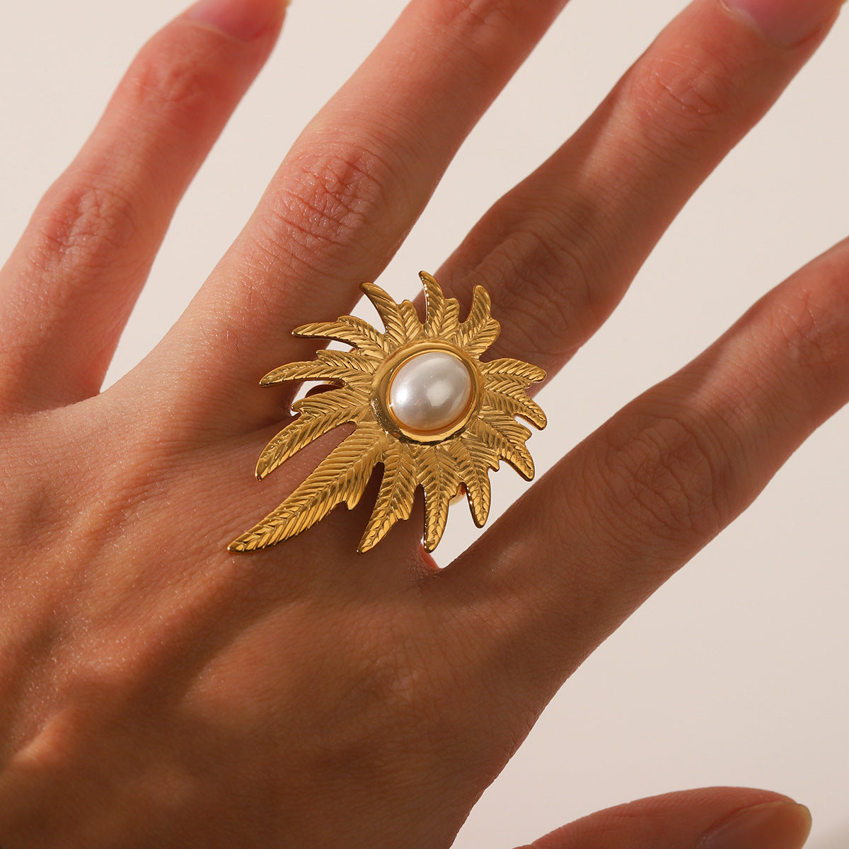 Ins Style Leaf Texture Stainless Steel Open Ring for Women with Pearl Accents