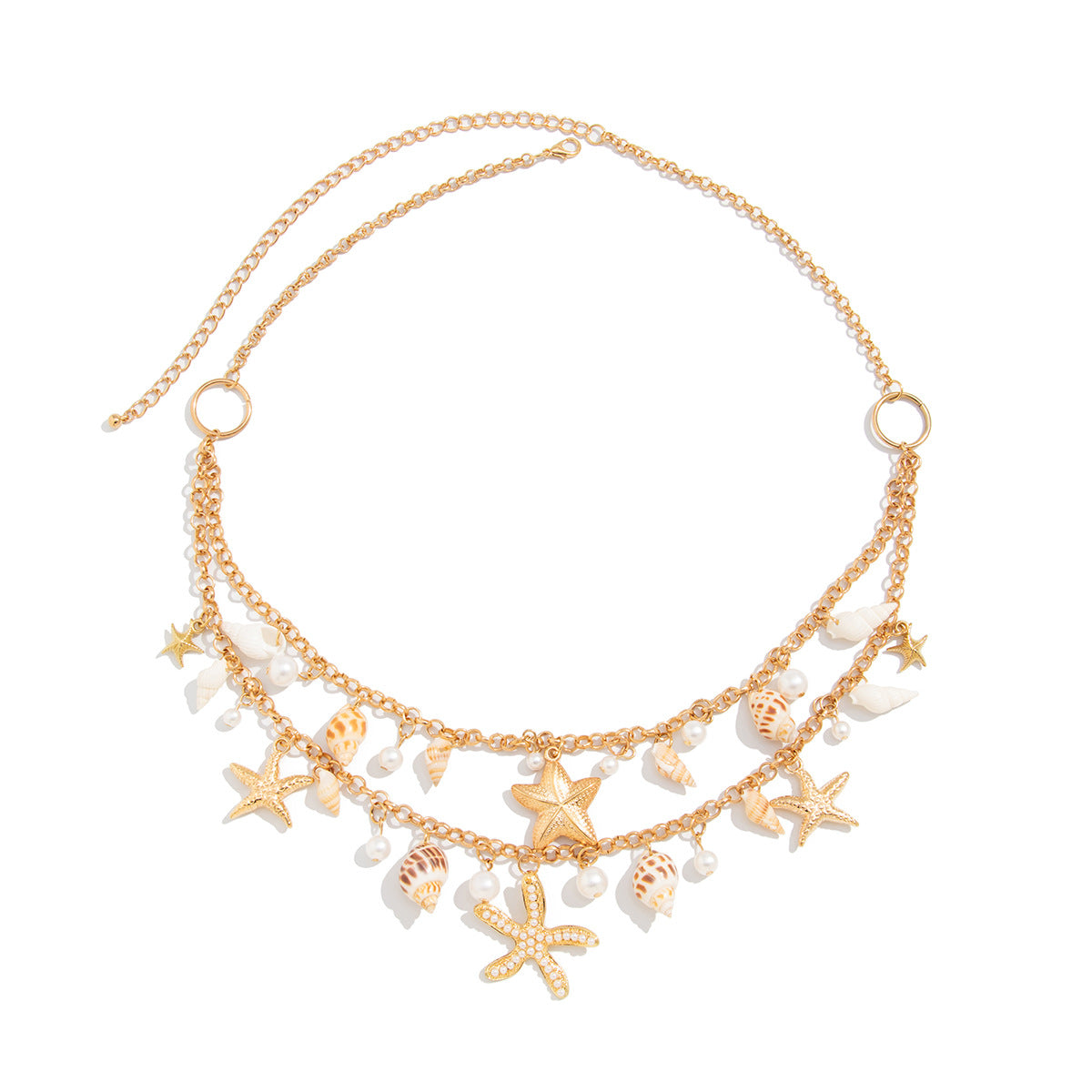 Cinturón de cadena metálica con forma de estrella de mar minimalista para mujer, con detalles de perlas de imitación y cierre de mosquetón