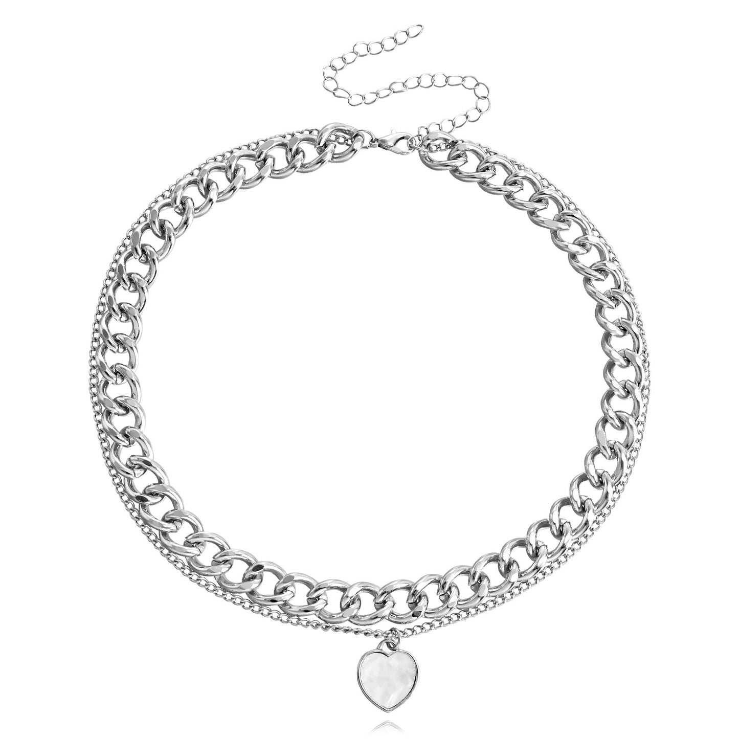 Collar Punk con Colgante de Corazón de Doble Capa de Nácar para Mujer en Aleación con Acabado Chapado Gargantilla y Cadena para Suéter