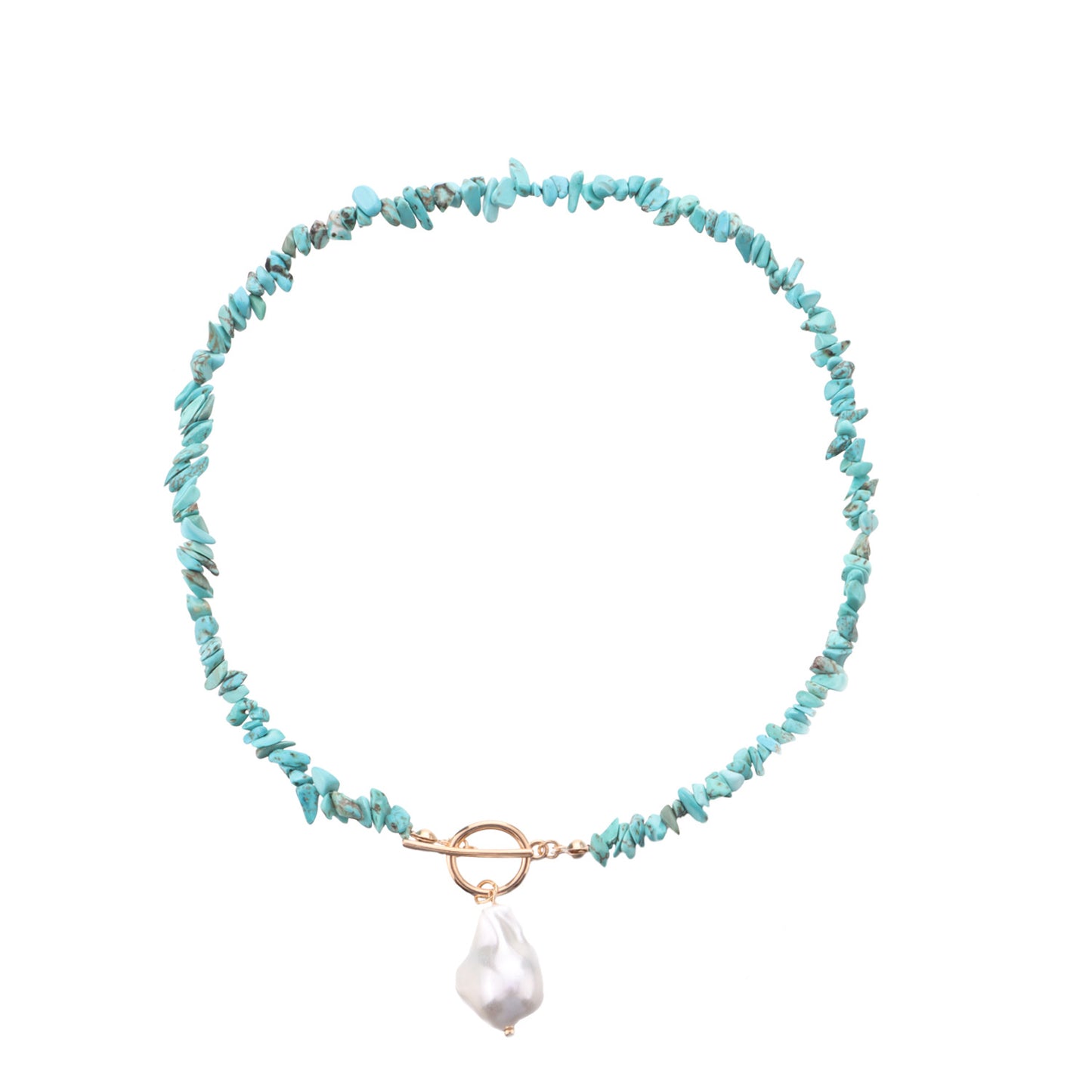 Minimalist Geometric Alloy Necklace with Mother-of-Pearl Pendant and Turquoise Accents, Electroplated Finish