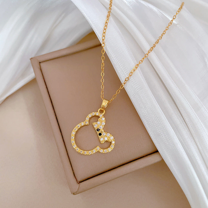 Elegante collana pendente con fiocco e gatto per donna, con strass su catena in acciaio al titanio, design geometrico minimalista