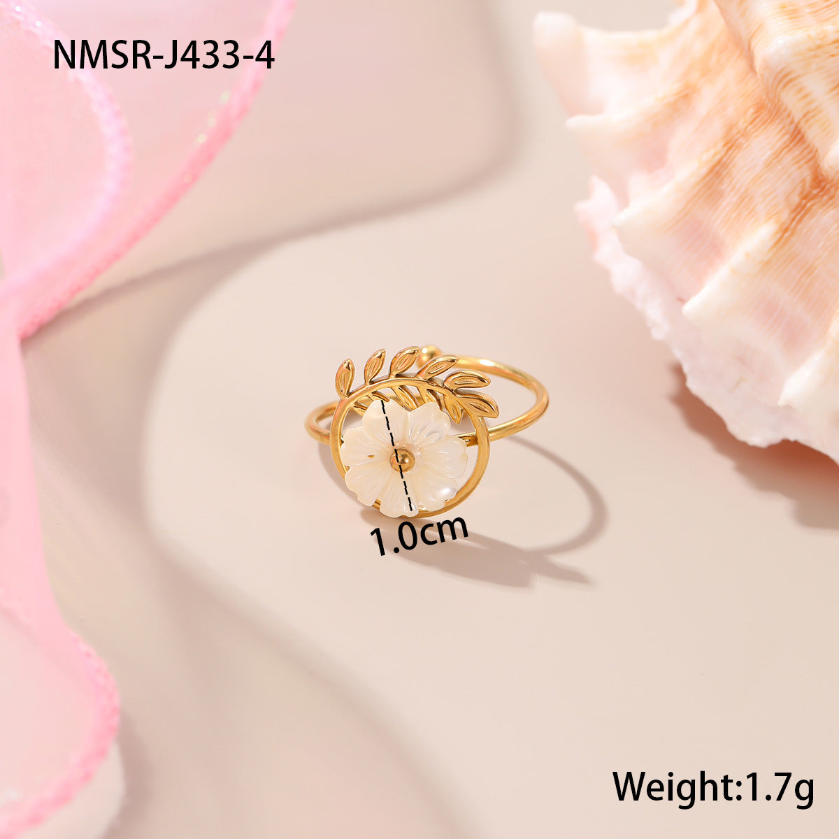 Elegante anello aperto da donna in acciaio inossidabile con perle e motivo floreale, placcato in oro 18 carati