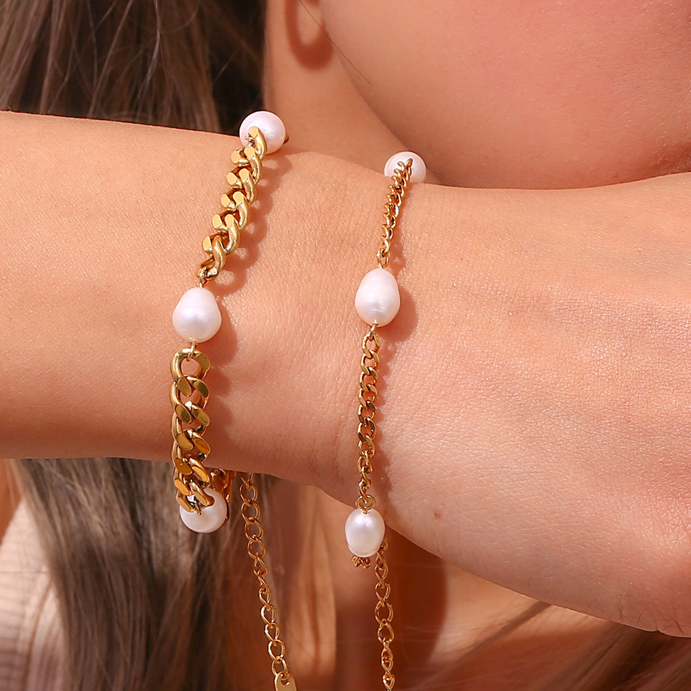 Fashion OL Geometric Stainless Steel Plated Cuban Bracelet with Three Pearls for Women