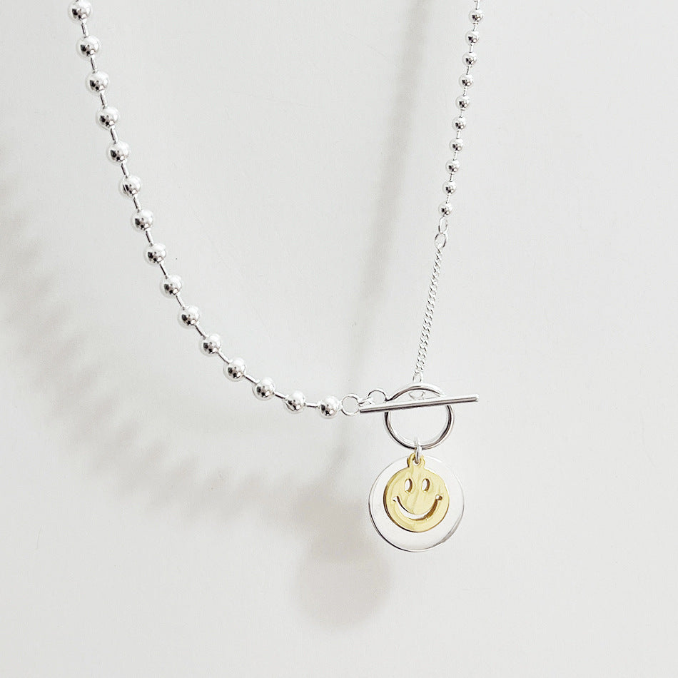 Collana con Ciondolo Rotondo Minimalista a Faccina Sorridente per Donna in Argento Sterling 925 con Catena di Perline