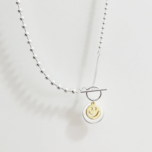 Minimalist Smiley Face Round Pendant Necklace for Women in 925 Sterling Silver with Beaded Chain