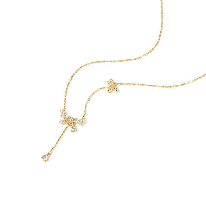 Sweet Bow-Shaped Titanium Steel Necklace with Rhinestone Inlay, Minimalist Cold-Tone Clavicle Chain for Women