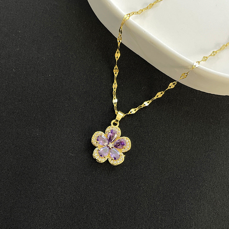 Minimalist Daisy Pendant Necklace for Women Titanium Steel Five-Petal Flower Design with Micro-Pave Rhinestone Accents