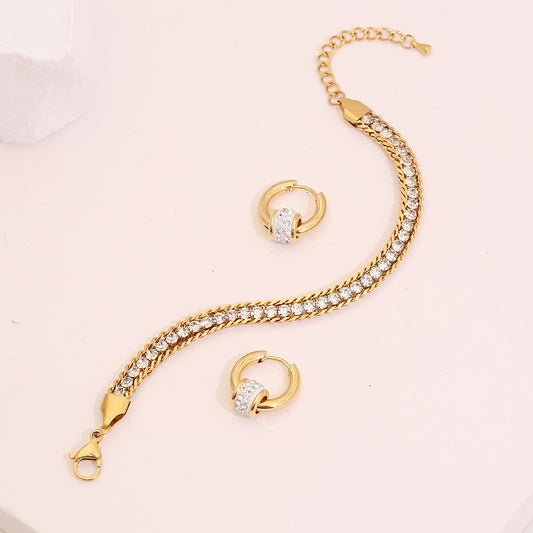 Fashionable OL Style Heart-Shaped Rhinestone-Embellished Stainless Steel Bracelet Set with Plating Finish