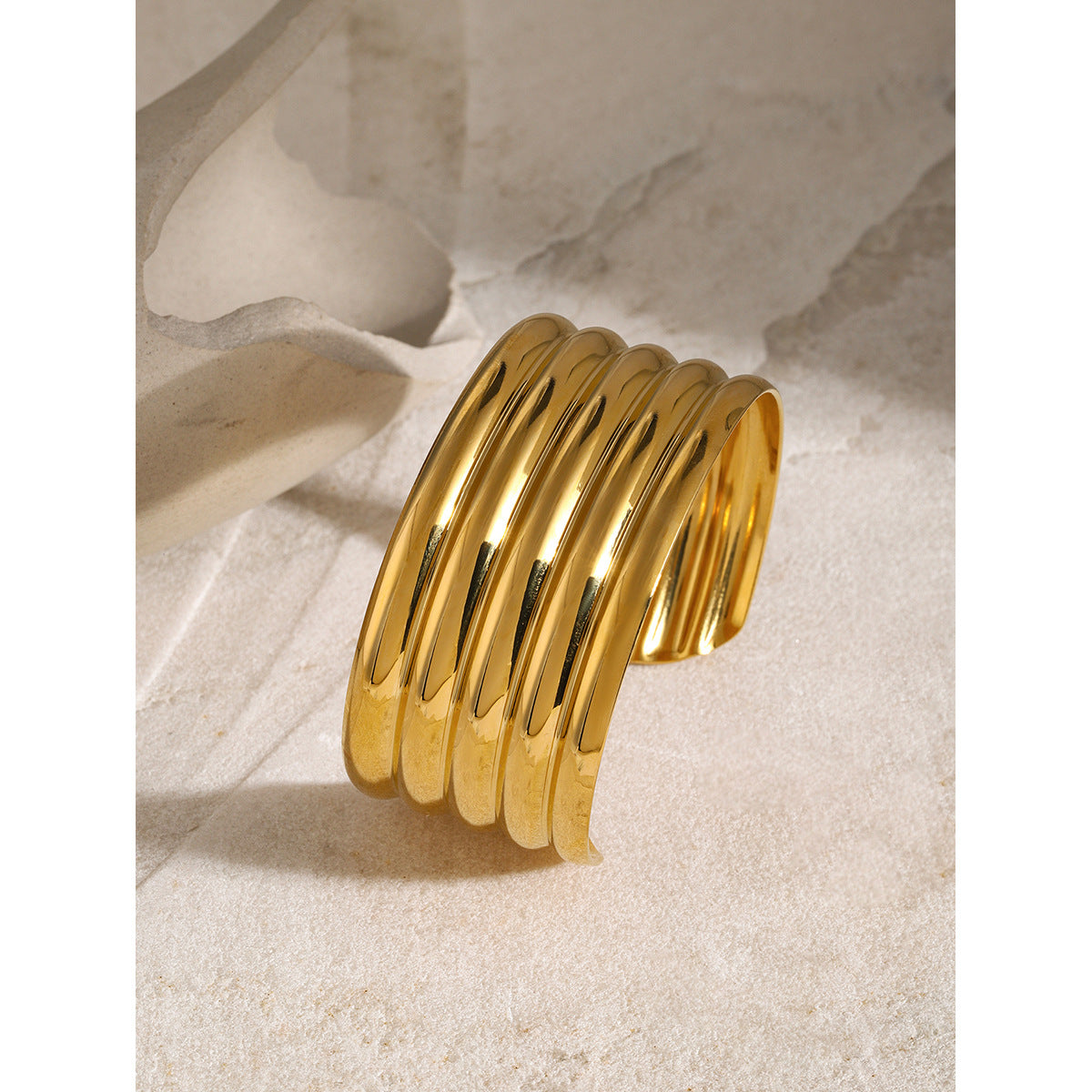 18K Gold Plated Geometric Stainless Steel Smooth Open Cuff Bracelet