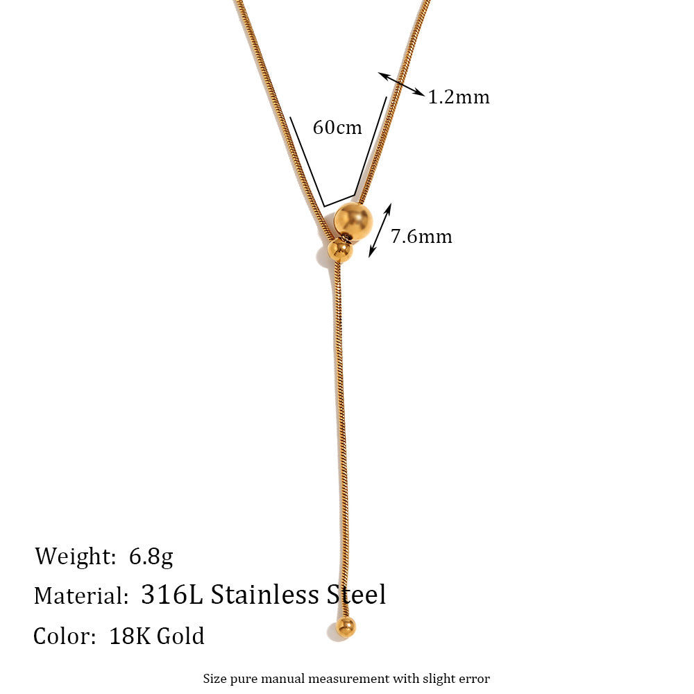 Fashion Minimalist Y-Shape Snake Chain Necklace with Bead Stainless Steel 18K Gold Plated