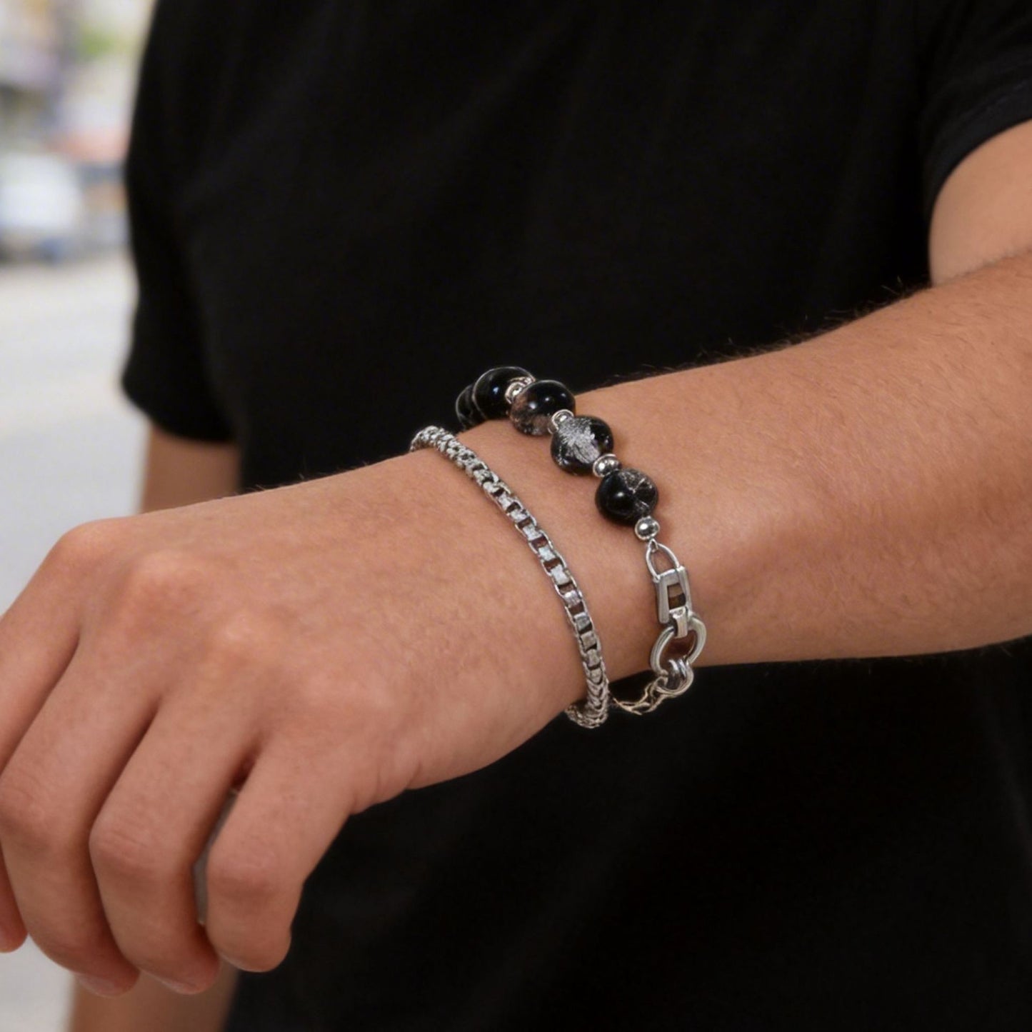 Minimalist Hip-hop Double Layer Stainless Steel Cable Chain Bracelet with Crackle Beads