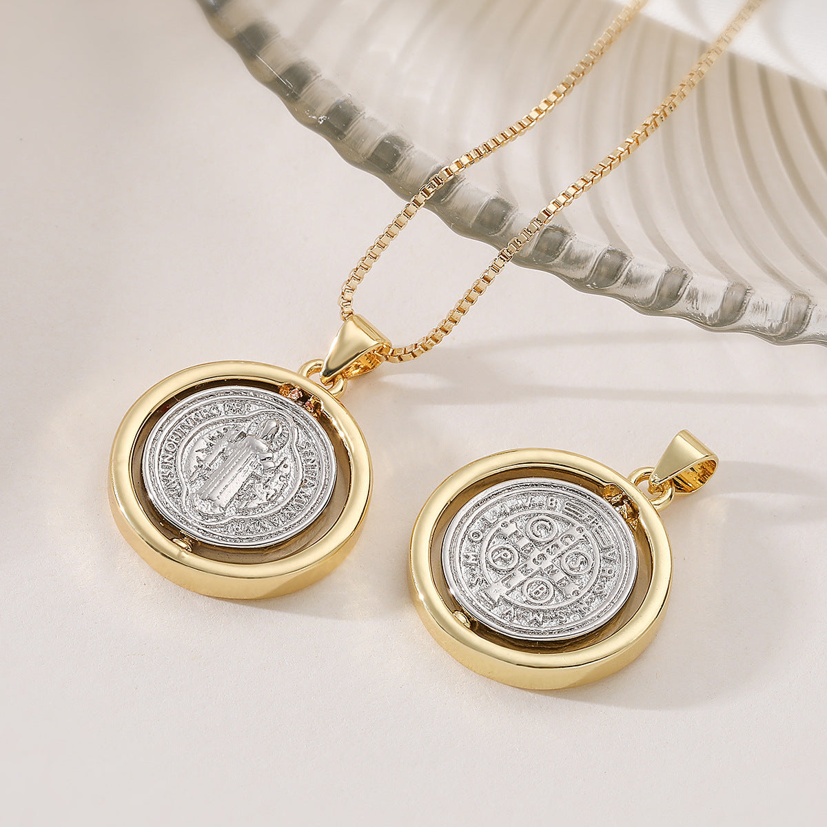 Vintage Two-Tone Plated Geometric Brass Pendant Necklace for Women