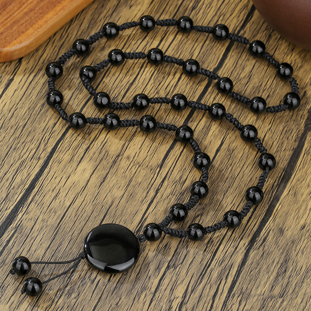 Vintage Gothic Geometric Black Agate Tassel Necklace Handmade Cable Chain Unisex