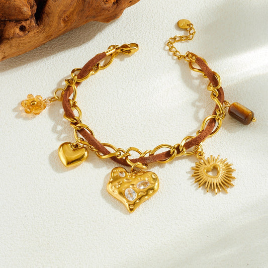 Vintage Gold Plated Stainless Steel Rhinestone Heart Flower Pendant Bracelet for Women