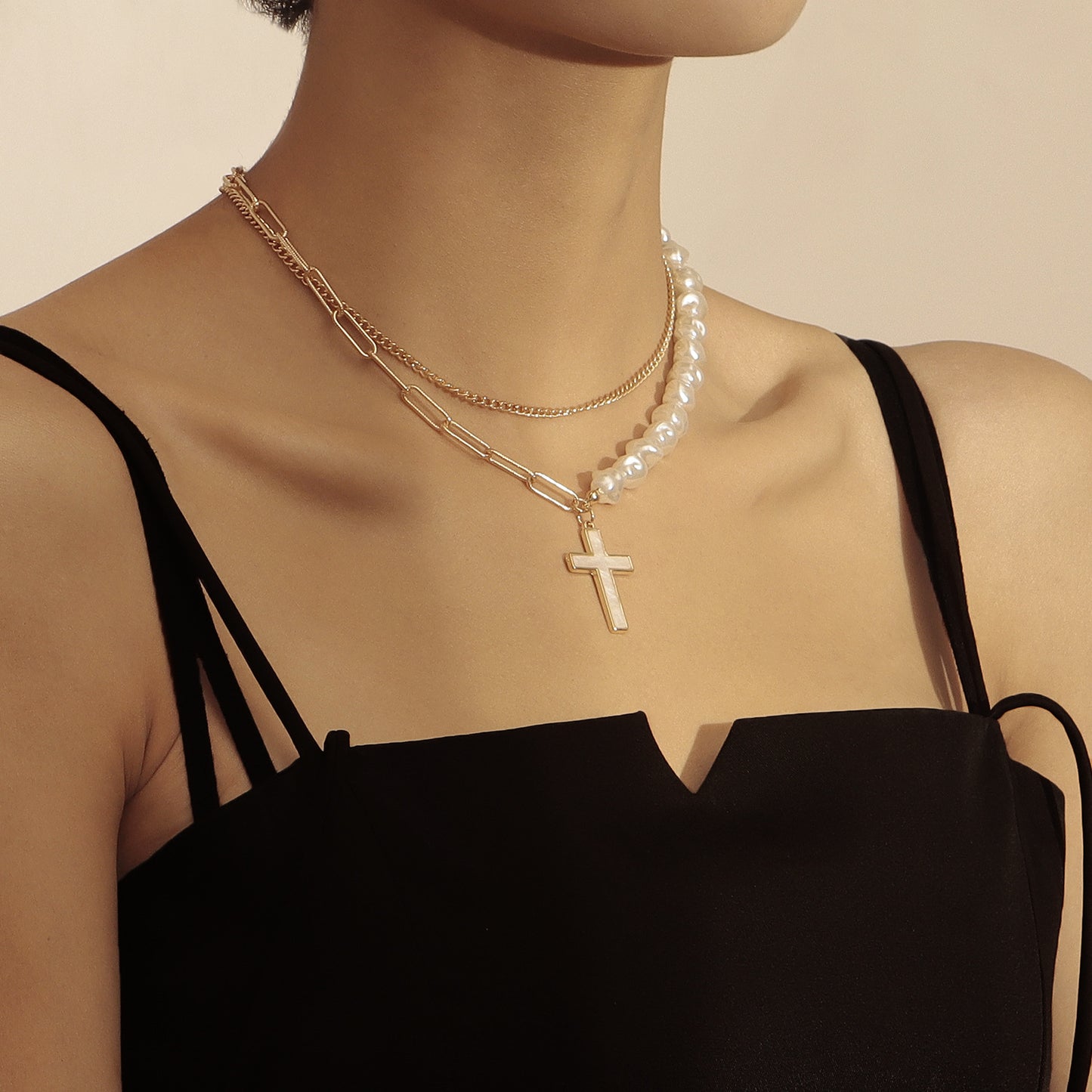 Fashionable Two-Tier Layered Cross Pendant Necklace for Women in Alloy with Electroplated Finish and White Mother-of-Pearl Inlay
