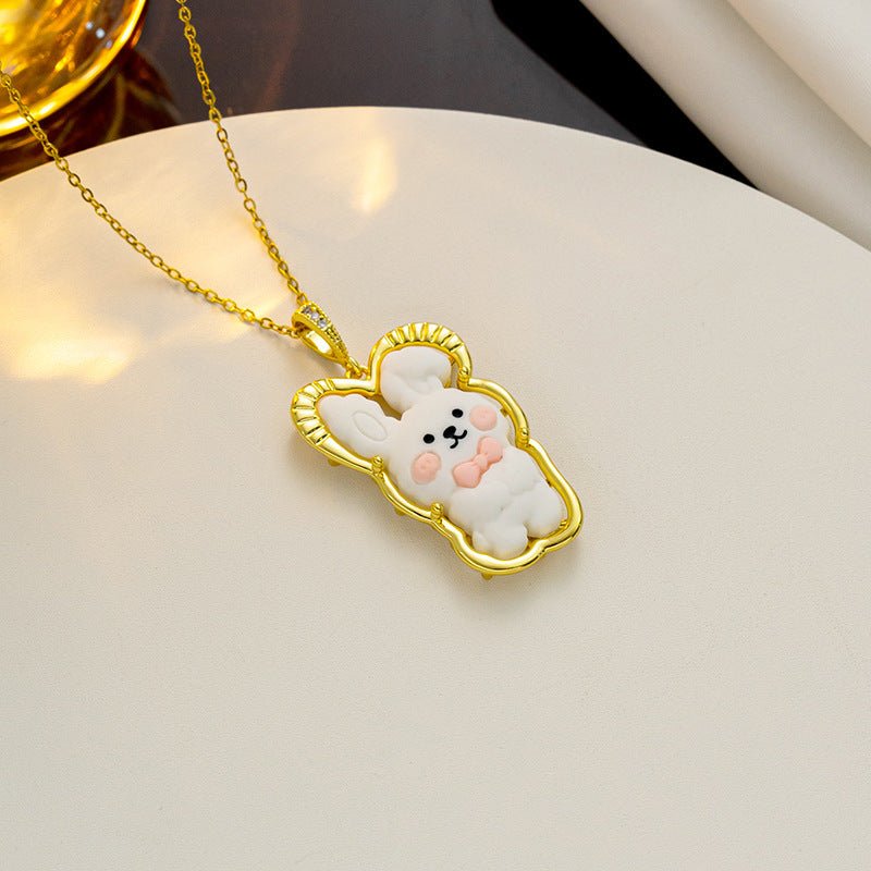 Cartoon Strawberry Bear and Bunny Pendant Necklace in Titanium Steel with Inlay Detail, Cute Animal-Themed Jewelry for Women