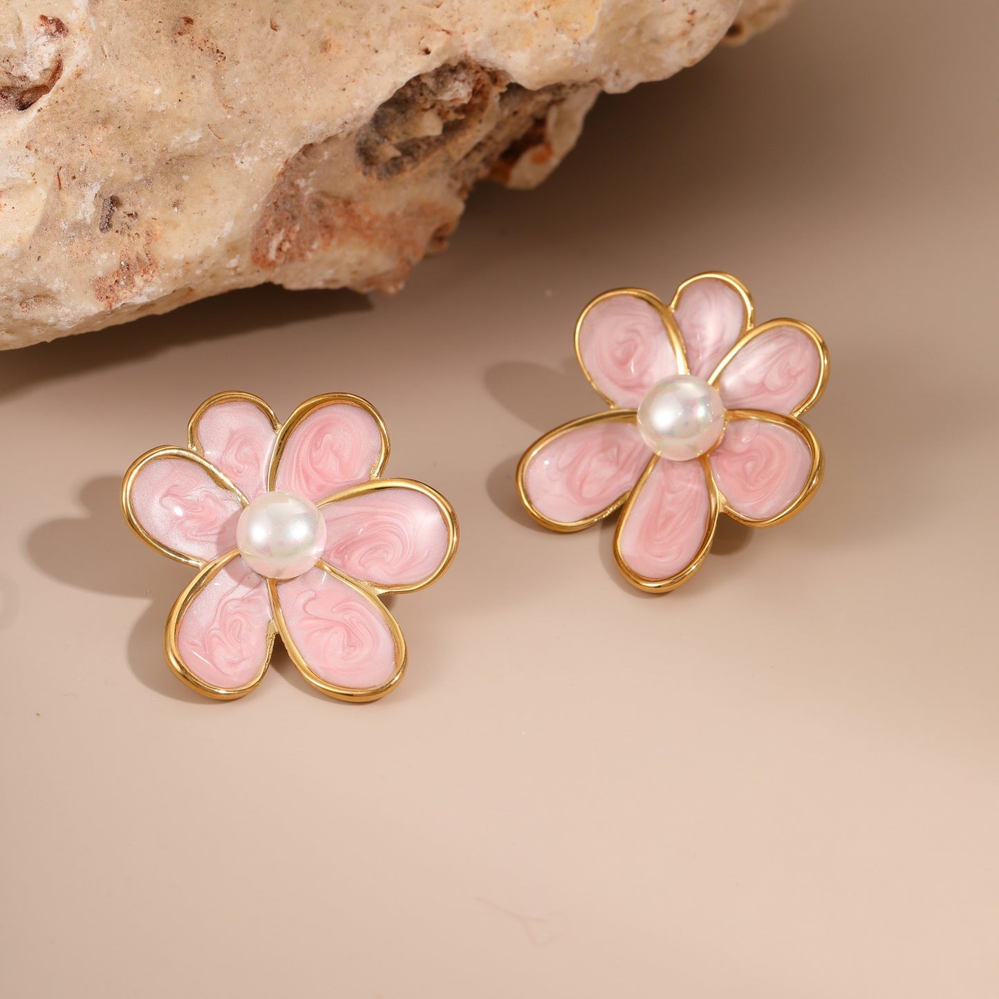 Vintage Floral Stainless Steel Earrings with Enamel Coloring and Pearl Inlay for Women