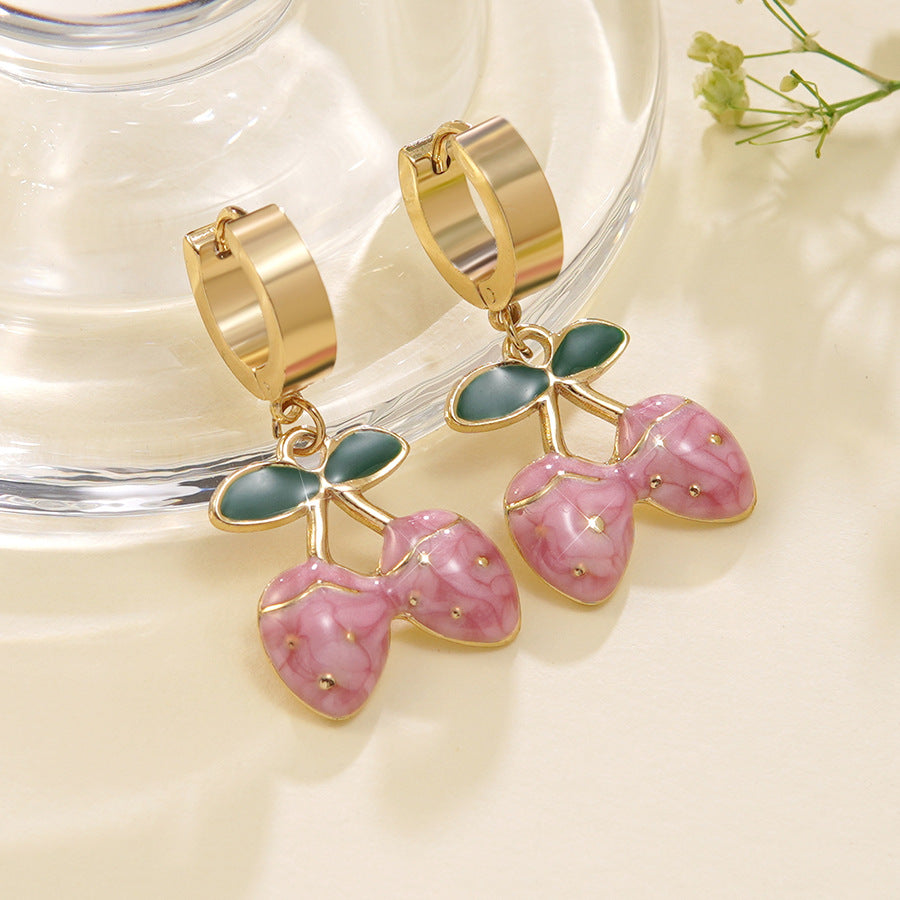 Sweet Stainless Steel Drip Oil Plated Cherry Hoop Earrings for Women