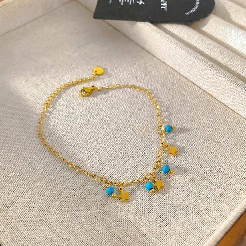 Sweet Casual Colorful Beaded Moon and Bear Titanium Steel Bracelet