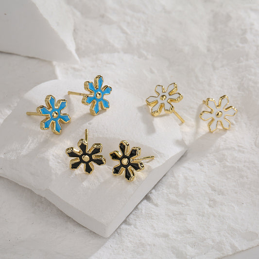 Minimalist Ins Style 18K Gold Plated Copper Enamel Flower Geometric Stud Earrings for Women