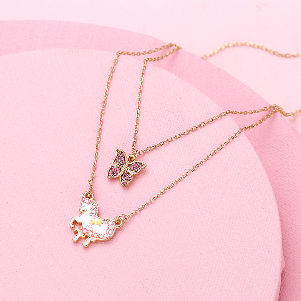 Dulce Collar de Mariposa Floral Estrella Corazón para Niñas, Cadena de Aleación con Acabado Esmaltado, Joyería de Verano Multicapa