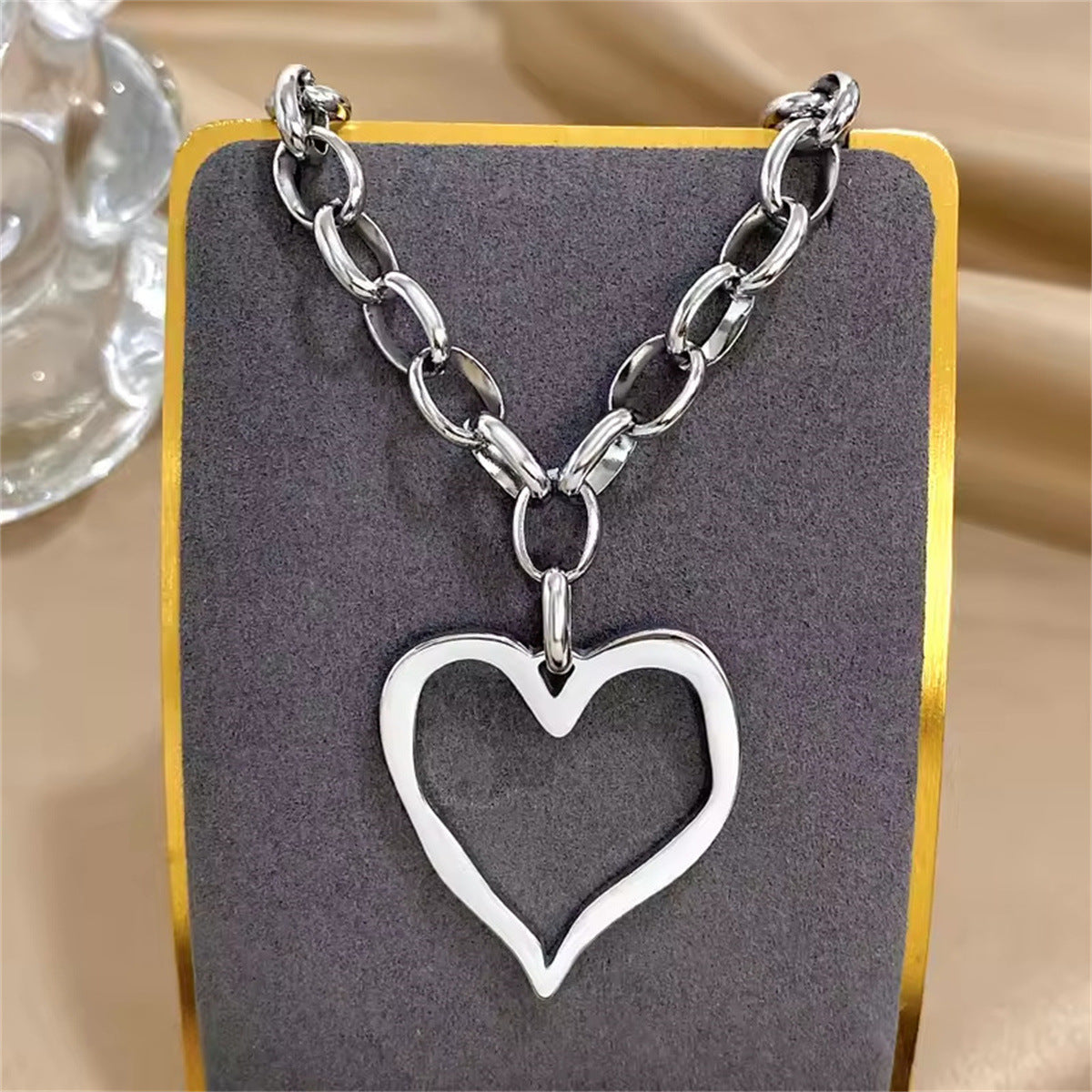 Vintage Oversized Hollow Heart-Shaped Stainless Steel Thick Sweater Necklace with Plated Finish for Women and Men