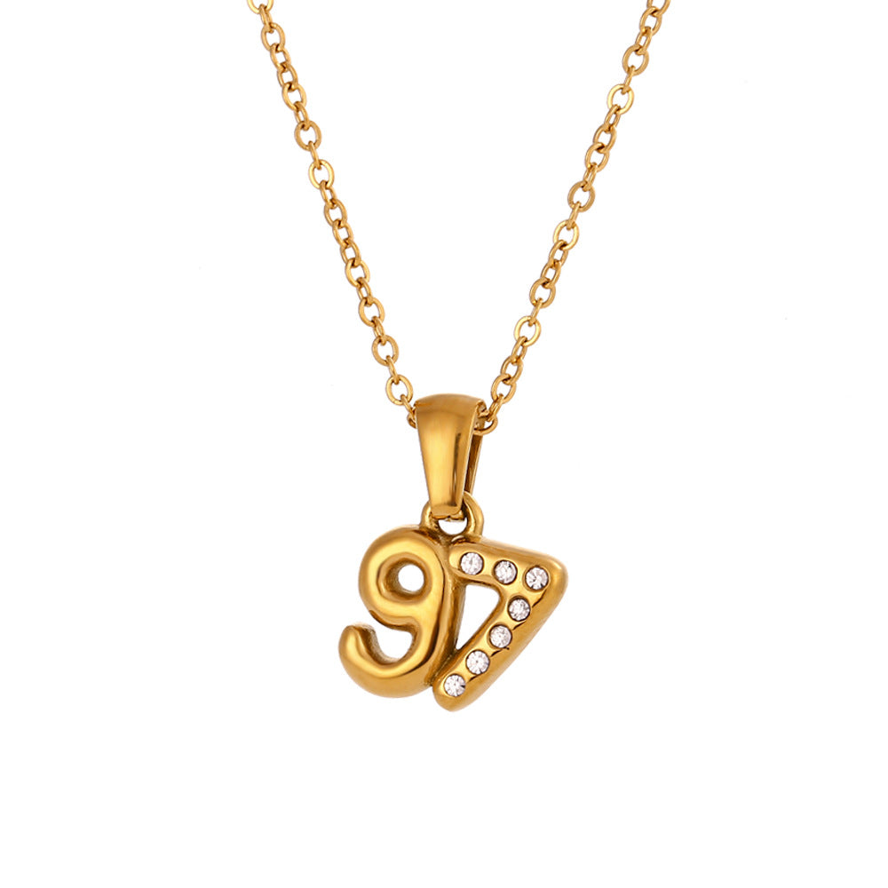 Minimalist Fashion Necklace for Women with Stainless Steel Chain, 18K Gold Plated Titanium Steel Pendant, Micro-Paved Rhinestone Accent, 3D Numeric Year Design