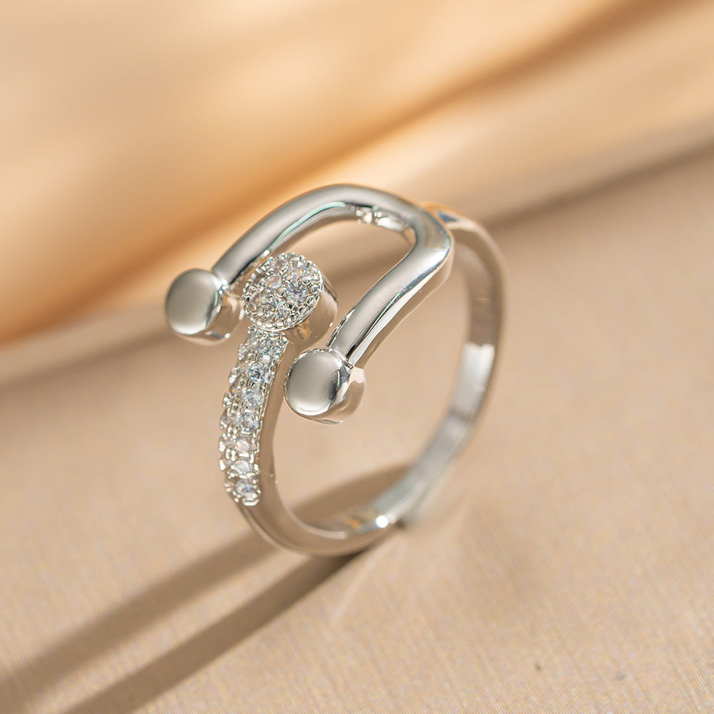 Luxury Minimalist Adjustable Open Ring for Women with Gold-Plated Copper Band and Zircon Stone Accent in Heart and Floral Shape
