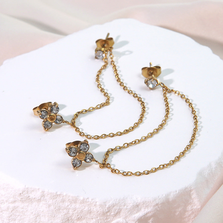 Sweet Floral Cubic Zirconia Plated Stainless Steel Tassel Earrings for Women