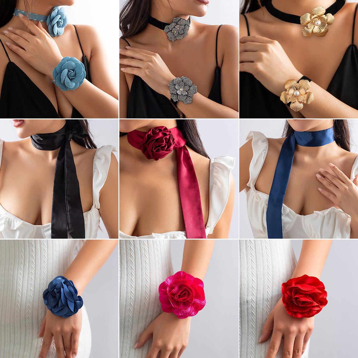 Vintage Sweet Floral Alloy Plated Choker Necklace with Tassel Satin Flower
