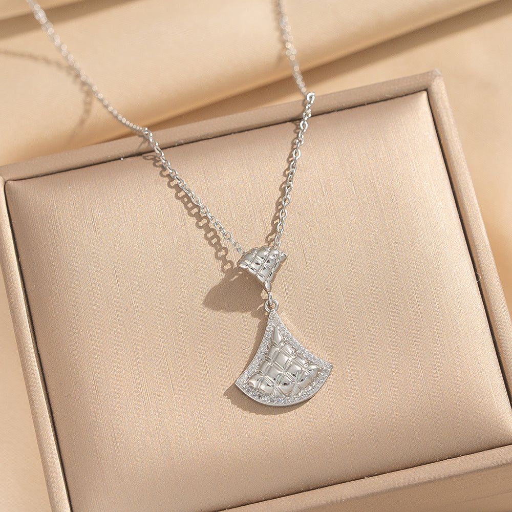 Light Luxury Fan-Shaped Skirt Pendant Necklace with Rhinestone Inlay, Titanium Steel Cross Chain
