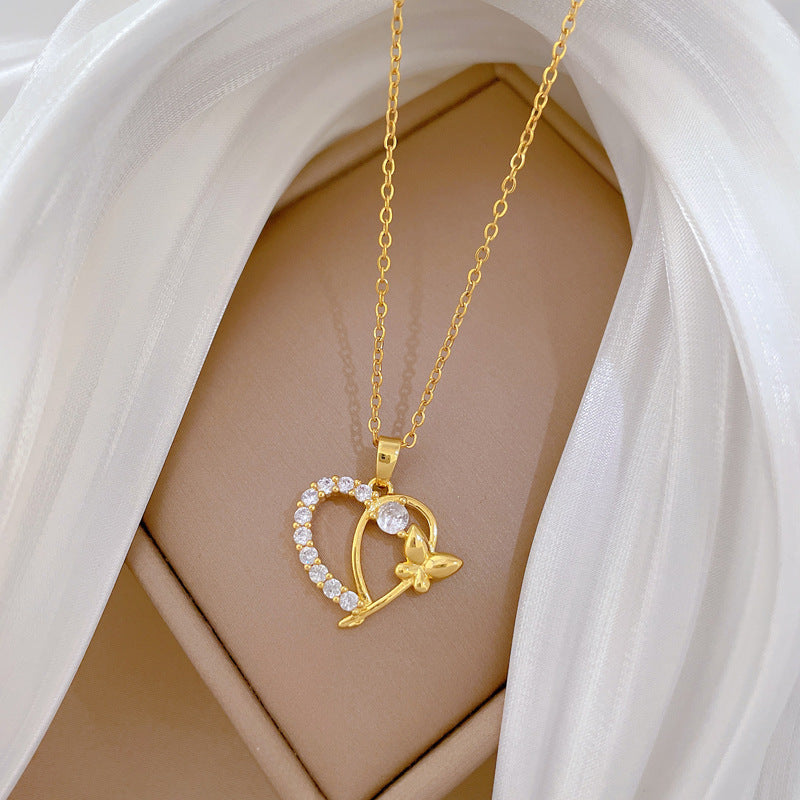Geometric Heart Butterfly Pendant Necklace for Women in Titanium Steel with Micro-Pave Rhinestone Accents, Minimalist Fresh and Sweet Style Clavicle Chain