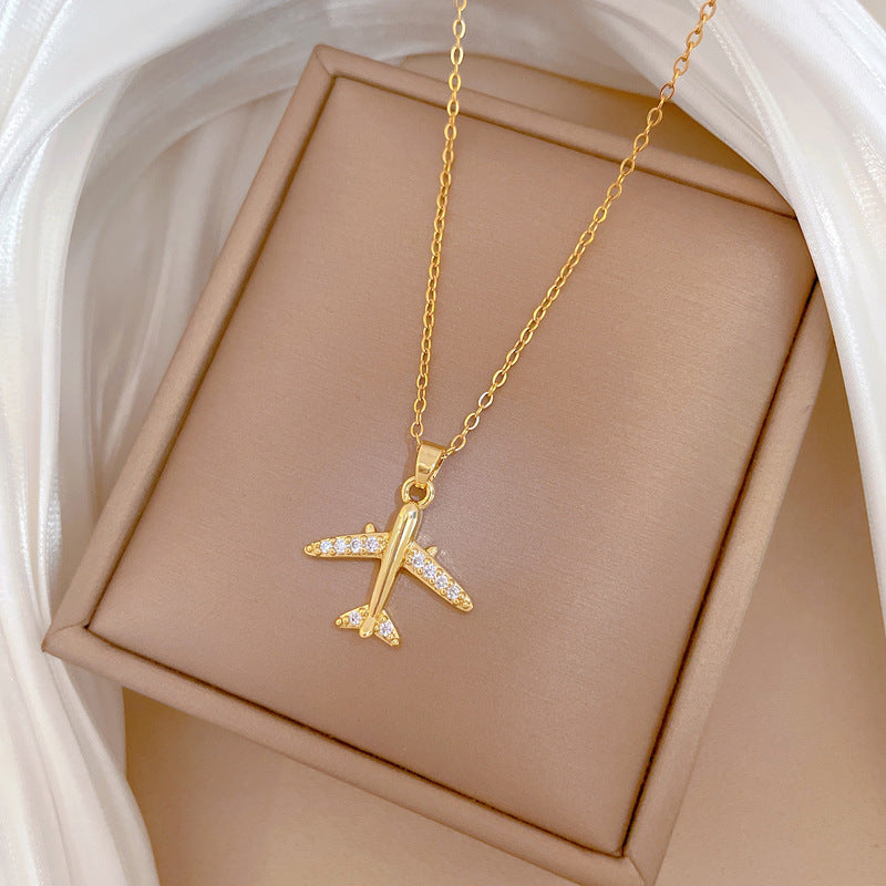 Cartoon Style Airplane-Shaped Stainless Steel Necklace with Rhinestone Inlay for Women and Men, Minimalist Geometric Pendant on Titanium Steel Chain