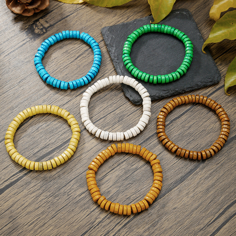 Minimalist Multicolor Round Wood Beaded Bracelet Handmade Geometric Stretch Bracelet